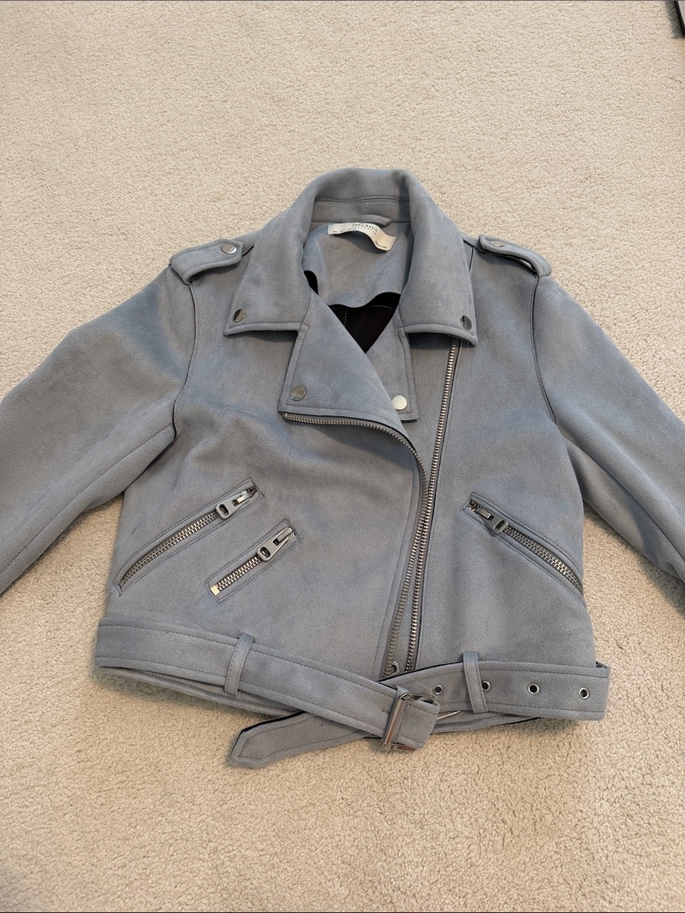Zara Light Grey/Baby blue Suede Moto Jacket with Belt